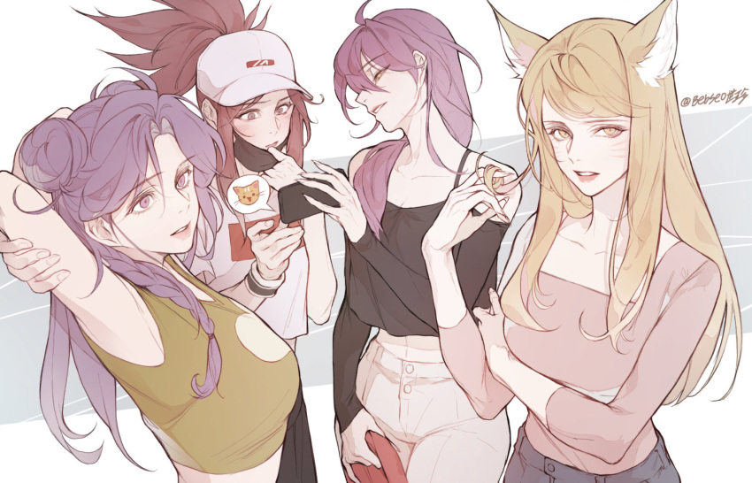 4girls ahoge ahri_(league_of_legends) akali animal_ears artist_name bebseo blonde_hair blue_eyes brown_hair closed_mouth collarbone evelynn_(league_of_legends) facial_mark fingernails fox_ears fox_girl hair_between_eyes holding holding_phone k/da_(league_of_legends) k/da_ahri k/da_akali k/da_evelynn k/da_kai'sa kai'sa league_of_legends long_hair long_sleeves mask mouth_mask multiple_girls official_alternate_costume official_alternate_hairstyle parted_bangs parted_lips phone pink_hair ponytail purple_eyes purple_hair short_sleeves sleeveless whisker_markings yellow_eyes