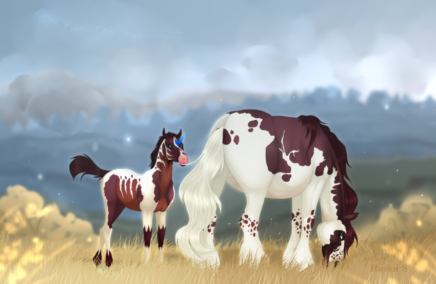 ambiguous_gender artist_name blue_eyes blue_horn blurred_background brown_body brown_mane brown_tail duo ear_piercing ear_ring equid equine feral horn horse huskii-s male mammal mane outside piercing ring_piercing sky tail unicorn white_body white_tail young