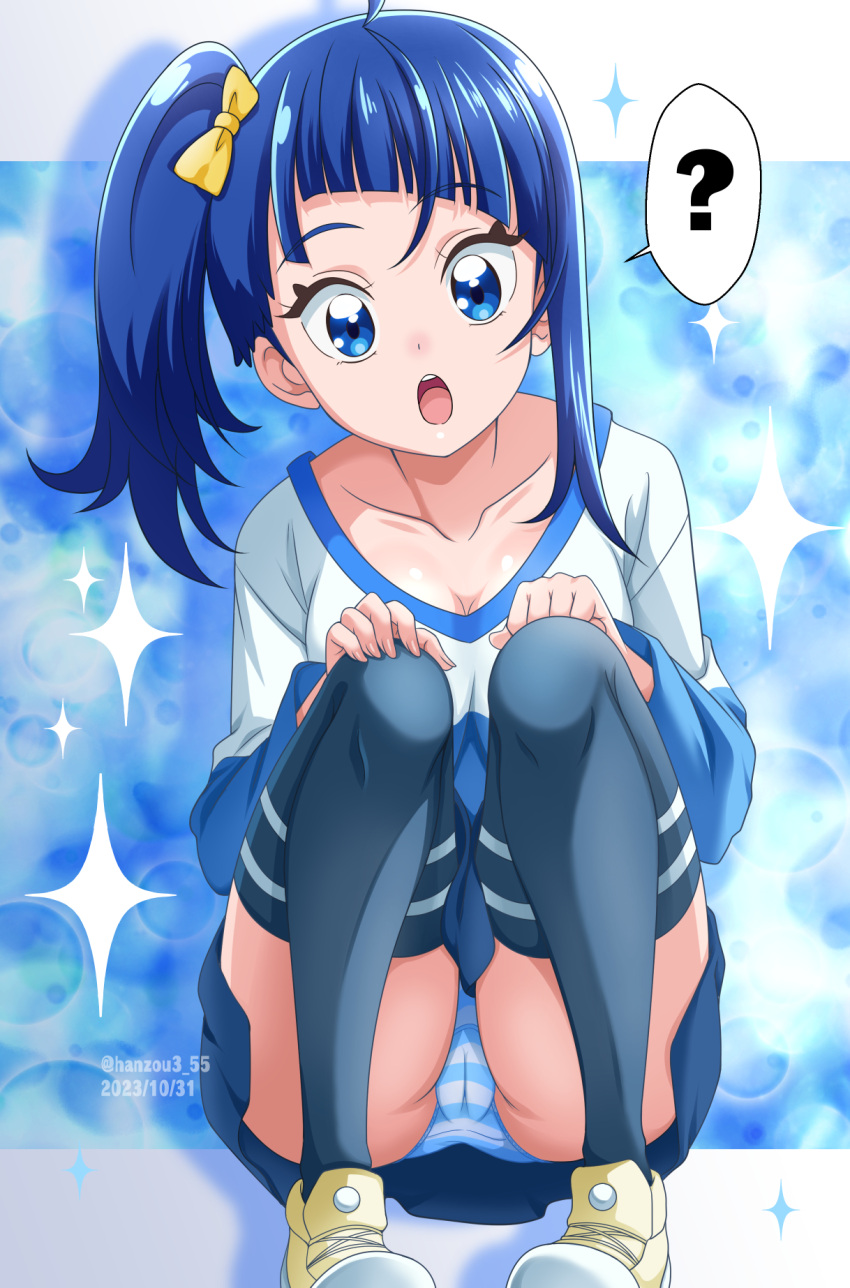 1girl 2023 :o ? artist_name blue_eyes blue_hair blue_skirt bow commentary_request dated hair_bow hanzou high_ponytail high_side_ponytail highres hirogaru_sky!_precure looking_at_viewer medium_hair open_mouth panties ponytail precure shoes side_ponytail skirt solo sora_harewataru speech_bubble twitter_username underwear yellow_bow