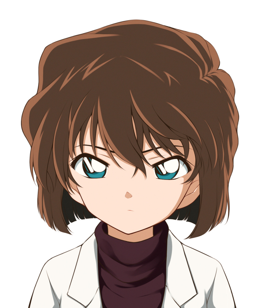 1girl blue_eyes brown_hair coat frown green_eyes haibara_ai highres lab_coat looking_at_viewer meitantei_conan portrait shirt short_hair simple_background solo tohoho_(hoshinoyami) white_background white_coat