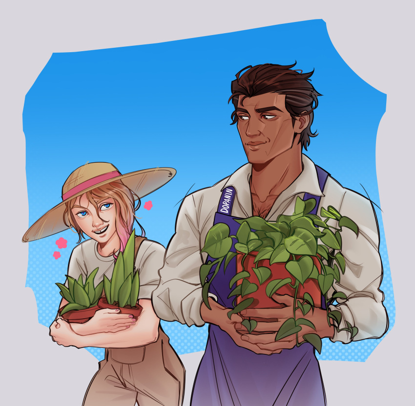 1boy 1girl absurdres apron blue_eyes brown_hair casual chest_hair dark-skinned_male dark_skin dopanin gradient_hair gwen_stacy hair_slicked_back hat highres male_focus marvel mature_male messy_hair miguel_o'hara multicolored_hair muscular muscular_male plant potted_plant signature spider-man:_across_the_spider-verse spider-man_(series) sun_hat tooth_gap
