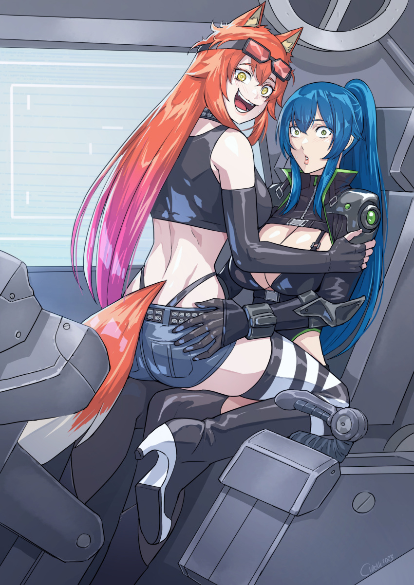 2girls :d :o absurdres animal_ears black_gloves black_panties blue_hair boots breasts cirenk commentary commission crop_top denim denim_shorts english_commentary gloves goggles goggles_on_head green_eyes hand_on_another's_arm hand_on_another's_waist high_heel_boots high_heels highres large_breasts long_hair looking_at_viewer multicolored_clothes multicolored_footwear multicolored_hair multicolored_legwear multiple_girls open_mouth orange_hair original panties ponytail short_shorts shorts signature sitting sitting_on_lap sitting_on_person skin_tight skindentation smile sweatdrop tail teeth thigh_boots thighs two-tone_hair underwear very_long_hair yellow_eyes yuri
