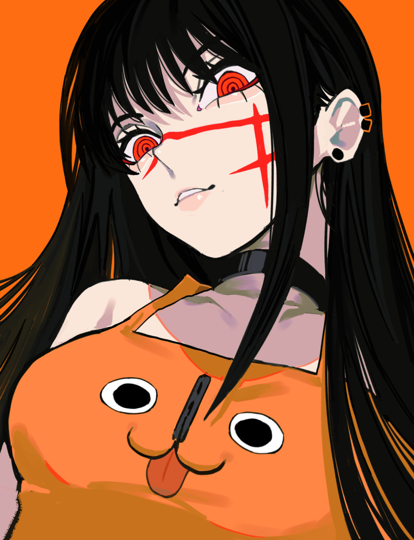 1girl black_choker black_hair chainsaw_man character_print choker cross_scar ear_piercing earrings highres jewelry long_hair looking_at_viewer orange_background orange_tank_top parted_lips piercing red_eyes ringed_eyes sailen0 scar scar_on_cheek scar_on_face simple_background smile solo stud_earrings tank_top yoru_(chainsaw_man)