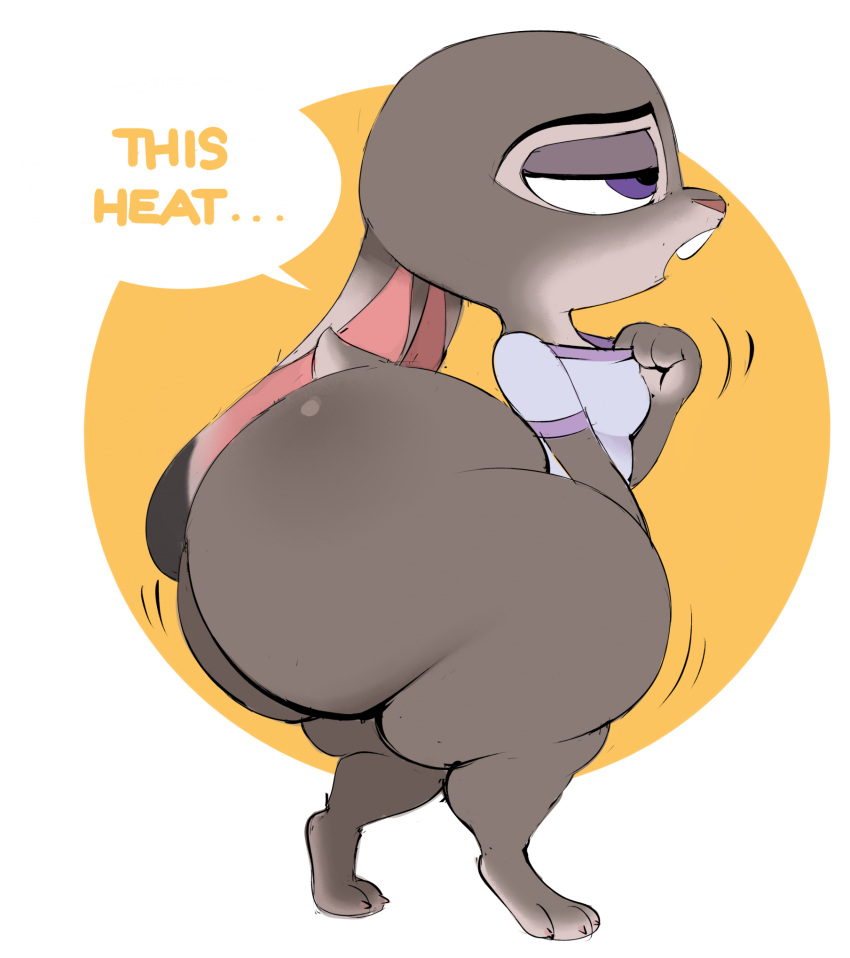 2023 alpha_channel anthro big_butt bottom_heavy bottomless bottomless_anthro bottomless_female buckteeth butt clothed clothing dialogue disney ears_down ellipsis female fur half-closed_eyes hi_res judy_hopps lagomorph leporid mammal narrowed_eyes obese obese_anthro obese_female open_mouth overweight overweight_anthro overweight_female pivoted_ears rabbit shirt short_stack side_view simple_background solo spaghettiz speech_bubble teeth text tiptoes topwear transparent_background zootopia