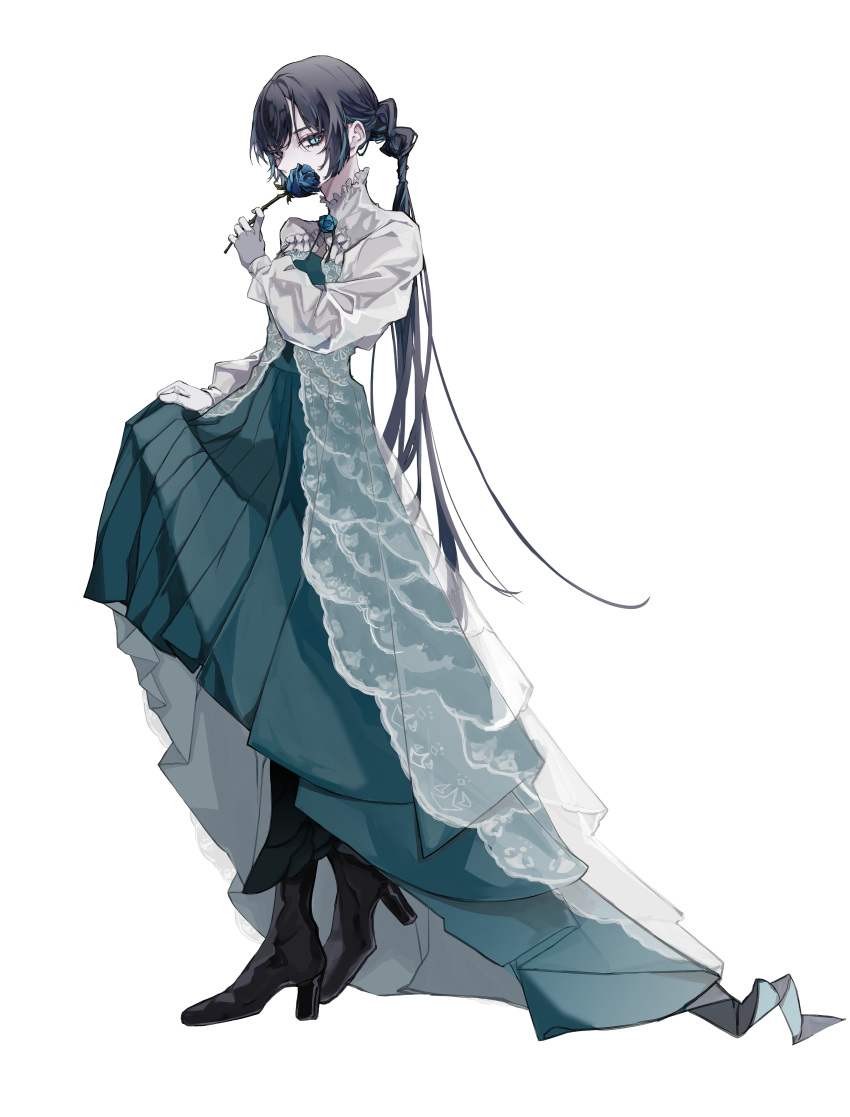 1girl absurdres ado_(utaite) black_footwear black_hair blue_eyes blue_flower blue_rose cloud_nine_inc commentary_request dress flower full_body high_heels highres long_hair long_sleeves looking_at_viewer mole mole_under_eye official_art orihara_(ewkkyorhr) pale_skin pleated_dress ponytail puffy_sleeves rose simple_background skirt_hold solo standing utaite white_background