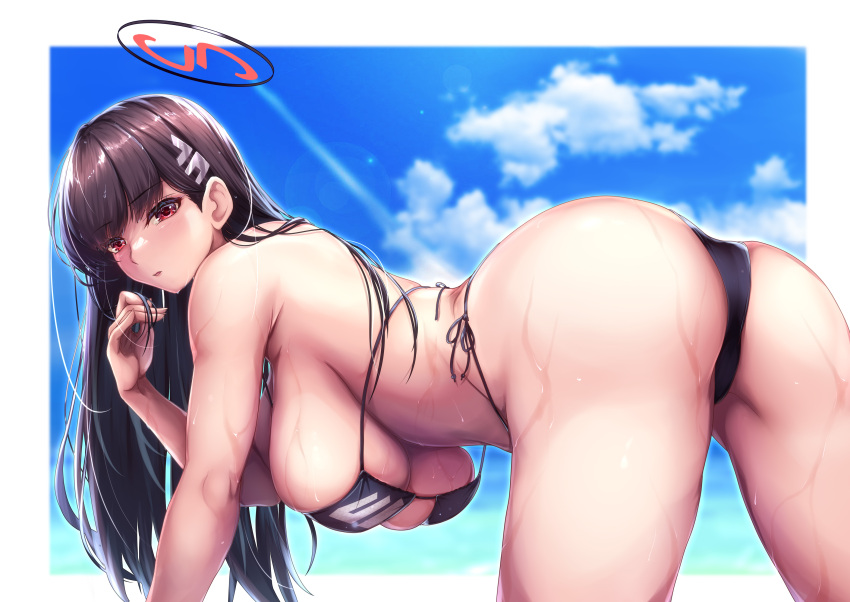 1girl all_fours alternate_costume ass bare_arms bare_shoulders bent_over bikini black_bikini black_hair blue_archive blue_sky blush breasts cloud commentary_request from_behind halo hanging_breasts highres large_breasts long_hair looking_at_viewer looking_back outdoors parted_lips red_eyes rio_(blue_archive) saboten_teishoku side-tie_bikini_bottom sideboob sky solo swimsuit thighs underboob wet