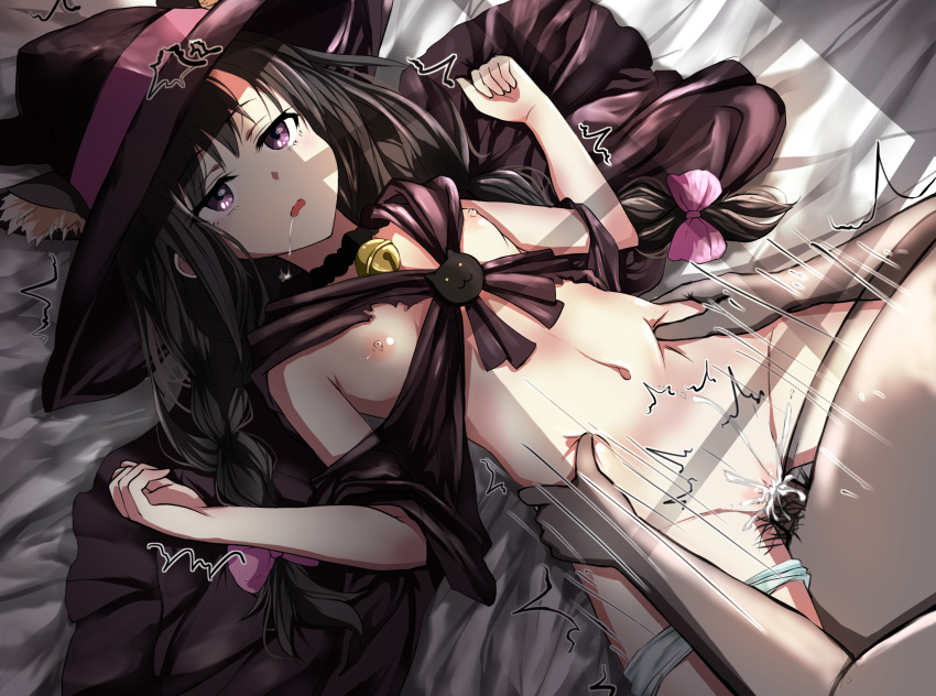 1boy 1girl animal_ear_fluff animal_ears bed_sheet black_cape black_headwear bow braid cape drooling fake_animal_ears hair_bow hands_on_another's_waist hat highres inoue_takina long_hair lycoris_recoil lying md5_mismatch missionary motion_lines naked_cape navel nipples on_back on_bed open_mouth panties panties_around_one_leg penis pink_bow poka_(kaoru2877) pubic_hair purple_eyes pussy_juice resolution_mismatch saliva sex source_smaller torn_cape torn_clothes twin_braids underwear vaginal white_panties witch_hat
