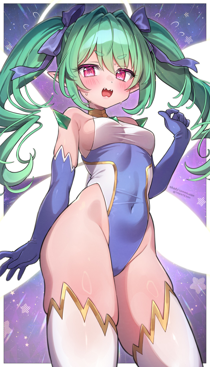 1girl @_@ arm_at_side averting_eyes bare_shoulders blue_gloves blue_leotard blue_ribbon blush border breasts commentary_request commission covered_navel cowboy_shot elbow_gloves fairy_wings fangs flying_sweatdrops gloves green_hair groin hair_intakes hair_ribbon highleg highleg_leotard highres leotard long_hair medium_breasts nervous_sweating open_mouth original outside_border pink_background pink_eyes pointy_ears ribbon sideways_glance skeb_commission solo starry_background sweat thick_eyebrows thighhighs thighs trente twintails twitter_username two-tone_leotard v-shaped_eyebrows white_border white_thighhighs wings