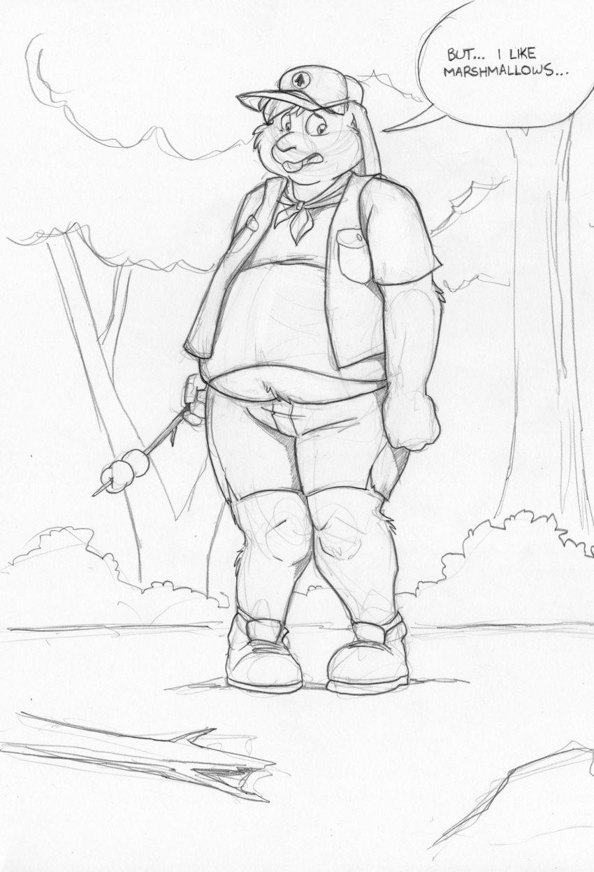 anthro baseball_cap black_and_white buckteeth campground candy cirruskitfox clothed clothing dessert dialogue english_text food fully_clothed hat headgear headwear hi_res lagomorph leporid male mammal marshmallow monochrome open_mouth outside overweight overweight_male plant rabbit scout_outfit shrub sketch solo stick teeth teeth_showing text tongue_showing tree