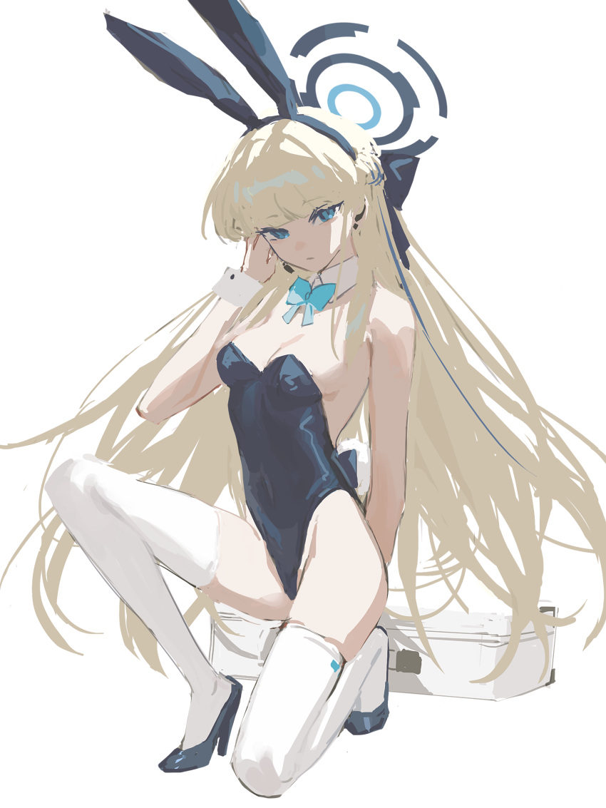 1girl absurdres animal_ears black_leotard blonde_hair blue_archive blue_eyes blue_hair bow bowtie breasts closed_mouth detached_collar fake_animal_ears halo headset high_heels highres k1llg leotard long_hair looking_at_viewer medium_breasts multicolored_hair on_one_knee playboy_bunny rabbit_ears simple_background solo strapless strapless_leotard thighhighs toki_(blue_archive) toki_(bunny)_(blue_archive) very_long_hair white_background white_thighhighs wrist_cuffs
