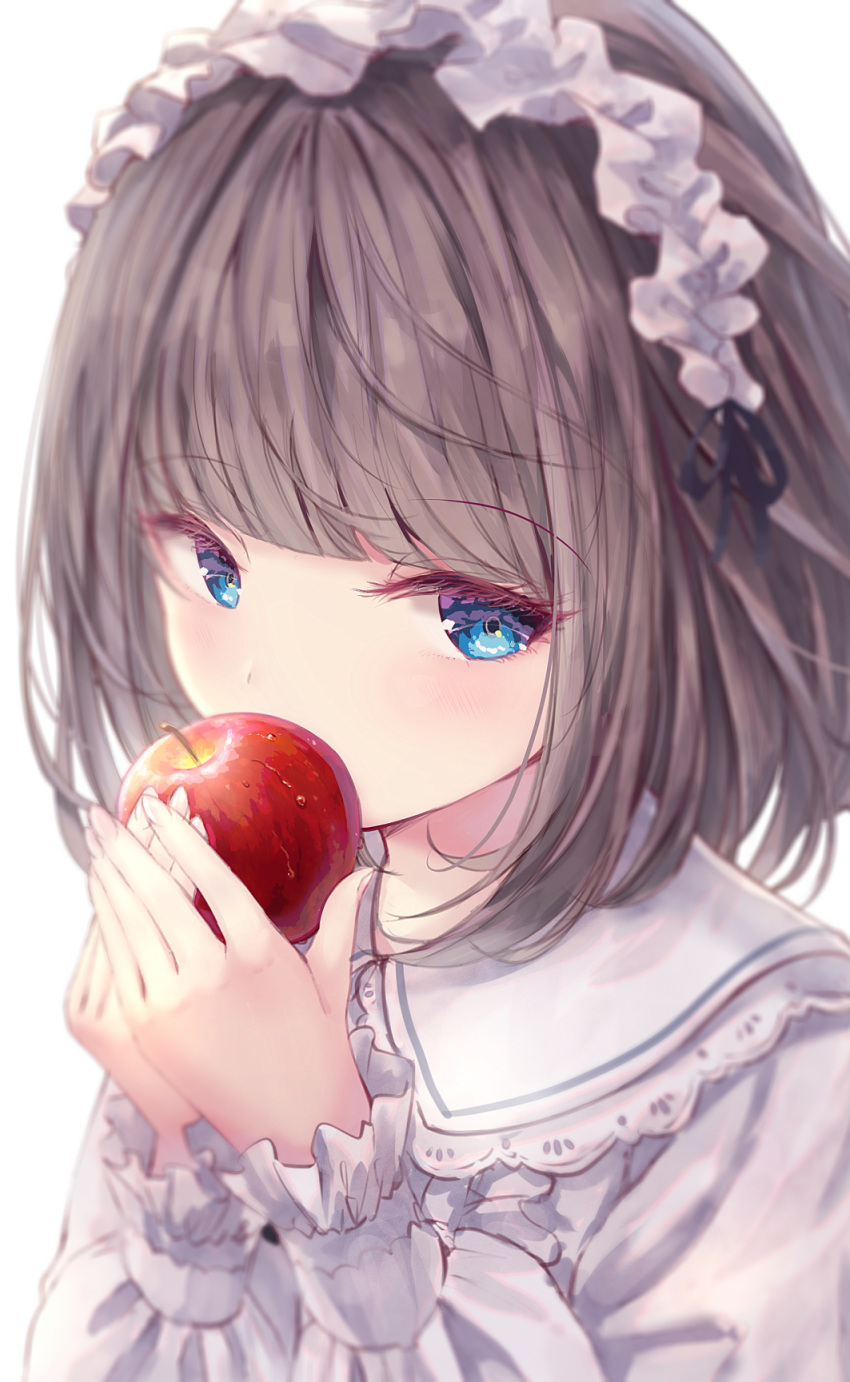 apple blue_eyes blunt_bangs blurry blurry_foreground blush brown_hair close-up collared_shirt commentary_request covering_mouth food frilled_sleeves frills fruit hairband highres holding holding_food holding_fruit lolita_hairband long_sleeves looking_at_viewer missile228 original shirt short_hair simple_background solo upper_body white_background white_shirt