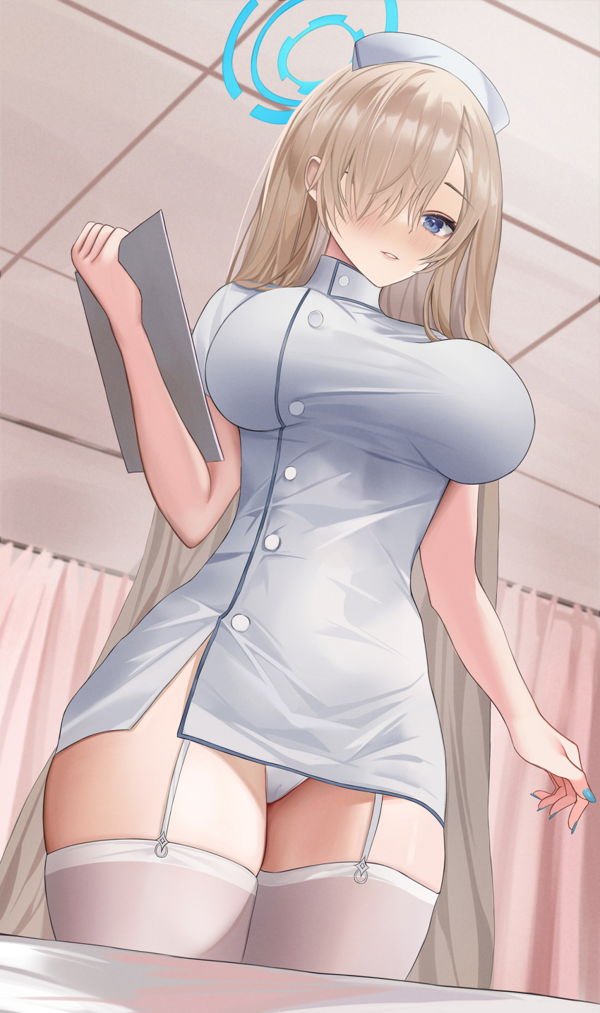 1girl absurdres asuna_(blue_archive) blue_archive blue_eyes blue_nails breasts commentary_request cowboy_shot dress garter_straps hair_over_one_eye hat highres indoors large_breasts light_brown_hair long_hair looking_at_viewer nail_polish nurse_cap panties parted_lips pencil_dress short_dress short_sleeves solo standing thighhighs thighs underwear very_long_hair white_dress white_panties white_thighhighs yami_(rear4742)
