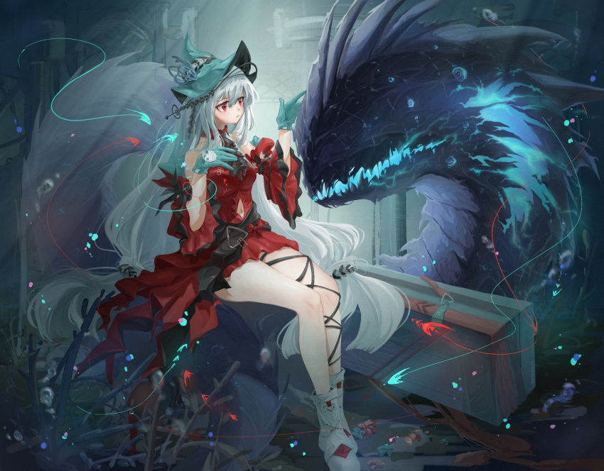 1girl arknights bare_shoulders blue_gloves blue_headwear boots clothing_cutout commentary_request detached_sleeves gloves grey_hair highres long_hair long_sleeves navel navel_cutout red_eyes skadi's_seaborn_(arknights) skadi_(arknights) skadi_the_corrupting_heart_(arknights) solo thighs very_long_hair white_footwear xinglanlanlanlan