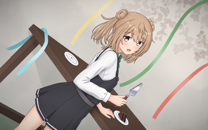 1girl black_dress brown_eyes cake cake_slice cake_slicer collared_shirt cowboy_shot double_bun dress dress_shirt dutch_angle english_commentary food from_behind hair_bun highres kantai_collection konato_k light_brown_hair long_hair looking_at_viewer looking_back michishio_(kancolle) michishio_kai_ni_(kancolle) mixed-language_commentary pinafore_dress shirt short_twintails solo standing table twintails white_shirt