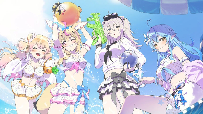 4girls ^_^ ahoge animal_ear_fluff animal_ears arm_garter arms_up ball bare_shoulders beach beach_chair beach_umbrella beachball bikini bikini_skirt black_eyes black_nails black_neckerchief blonde_hair blue_hair blush bow bracelet braid braided_ponytail breasts cleavage clenched_teeth closed_eyes closed_mouth cocktail_glass cup daifuku_(yukihana_lamy) day double_bun drinking_glass ear_piercing flower glint goggles goggles_around_neck grey_hair hair_between_eyes hair_bow hair_bun hair_flower hair_ornament highres holding holding_ball holding_beachball holding_cup holding_water_gun hololive horizon jacket jewelry leg_tattoo lion_ears long_hair looking_at_viewer medium_breasts midriff momosuzu_nene multicolored_hair multiple_girls navel neckerchief nekko_(momosuzu_nene) night_vision_device omaru_polka one_eye_closed open_clothes open_jacket open_mouth outdoors piercing pointy_ears purple_eyes robotta shishiro_botan sidelocks sitting small_breasts smile splashing ssrb_(shishiro_botan) standing streaked_hair sunglasses swimsuit tail tattoo teeth umbrella v-shaped_eyebrows virtual_youtuber water_gun white_bikini white_jacket yellow_eyes yukihana_lamy zain_(omaru_polka)