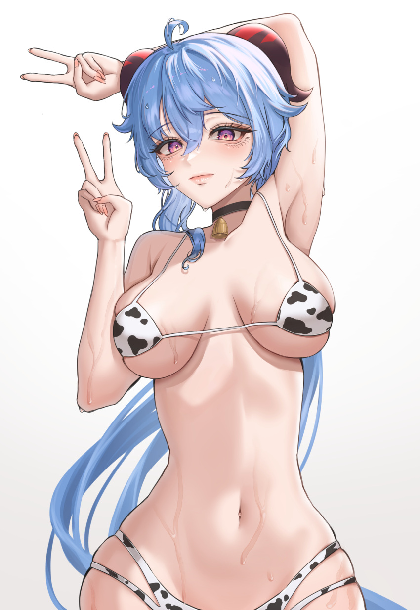 1girl ahoge arm_up armpits bad_anatomy bikini black_choker blue_hair breasts choker closed_mouth cow_print_bikini double_v ganyu_(genshin_impact) genshin_impact goat_horns highres horns large_breasts narrow_waist navel print_bikini purple_eyes simple_background solo stomach sweat swimsuit tangerine_honey v white_background