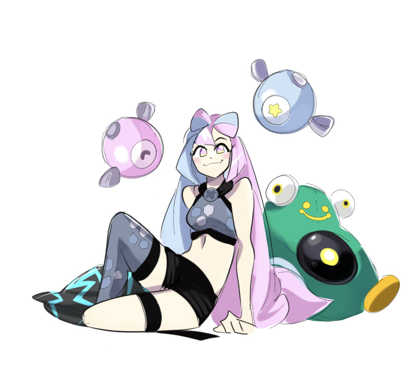 1girl arm_support bellibolt black_shorts blush bow-shaped_hair closed_mouth commentary cropped_shirt grey_shirt grey_thighhighs highres iono_(pokemon) long_hair midriff multicolored_hair pink_eyes pink_hair pokemon pokemon_(game) pokemon_sv shirt shorts single_thighhigh sitting sleeveless sleeveless_shirt smile surr_ealist thigh_strap thighhighs two-tone_hair white_background