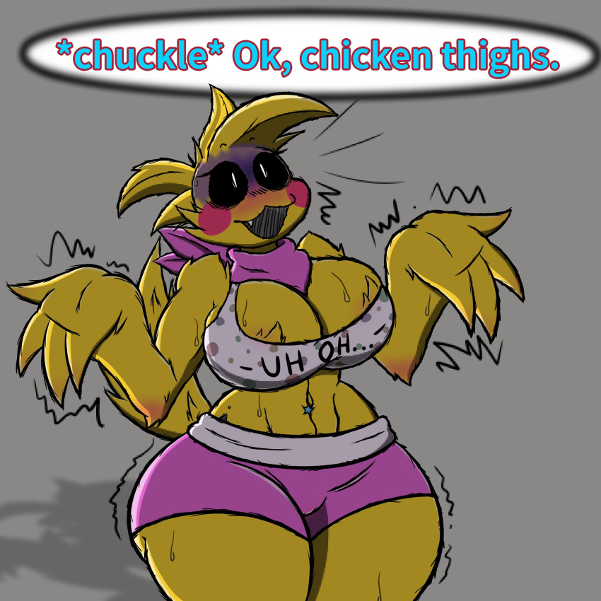 absurd_res anthro avian beakless big_breasts bird black_sclera bodily_fluids bottomwear breasts cheek_tuft chicken cleavage clothed clothing dialogue eyelashes facial_tuft feathers female five_nights_at_freddy's five_nights_at_freddy's_2 galliform gallus_(genus) grey_background head_feathers head_tuft helbclowb hi_res huge_breasts navel navel_piercing open_mouth phasianid piercing pink_bottomwear pink_clothing pink_scarf pink_shorts rosy_cheeks scared scarf scottgames shaking shorts simple_background snaggle_tooth solo speech_bubble sweat sweatdrop text thick_thighs topwear toy_chica_(fnaf) trembling tuft white_clothing white_eyes white_topwear wide_eyed wide_hips yellow_body yellow_feathers