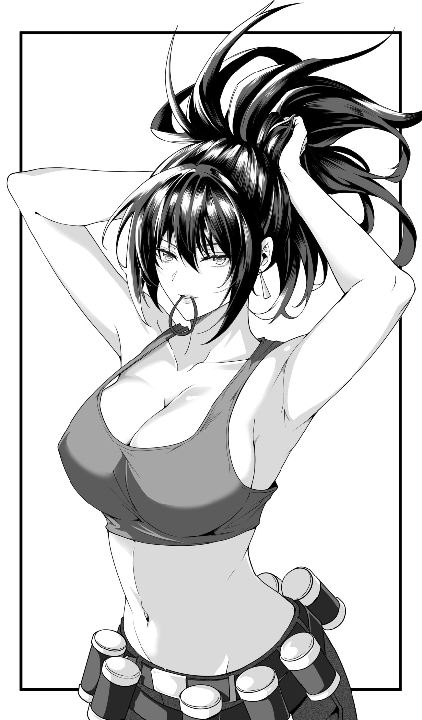 1girl absurdres adjusting_hair ammunition_belt armpits arms_up black872233196 breasts crop_top earrings greyscale hair_tie hair_tie_in_mouth hairband hand_in_own_hair hands_up highres jewelry leona_heidern monochrome mouth_hold navel no_bra ponytail sleeveless snk soldier solo tank_top the_king_of_fighters tying_hair