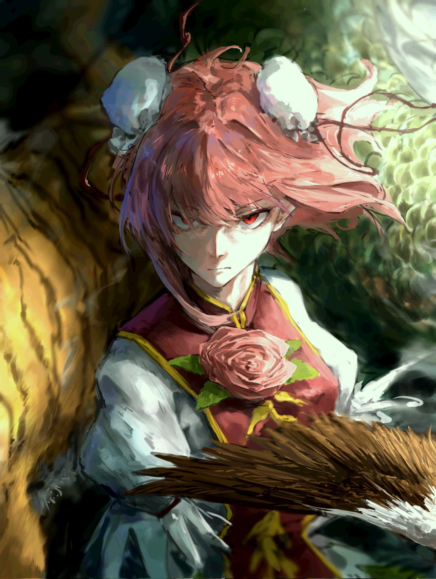 1girl bird bun_cover double_bun dragon eagle expressionless flower hair_bun hair_ornament highres ibaraki_kasen looking_at_viewer pink_flower pink_hair pink_rose puffy_short_sleeves puffy_sleeves red_eyes red_tabard rose shake_0607 shirt short_hair short_sleeves solo tabard tiger touhou upper_body white_shirt wings