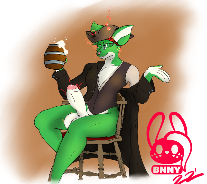 2022 absurd_res anthro balls beverage big_balls big_penis biped brown_clothing canid canine canis cape cesar_(cesaroma71) clothing drunk erection fur fur_markings genitals glans green_body green_ears green_eyes green_fur grey_clothing hat headgear headwear hi_res holding_beverage holding_object humanoid_genitalia humanoid_penis looking_at_viewer male mammal markings penis pink_penis signature solo substance_intoxication succubusbnny topwear watermark white_balls white_body white_ears white_fur white_penis wolf