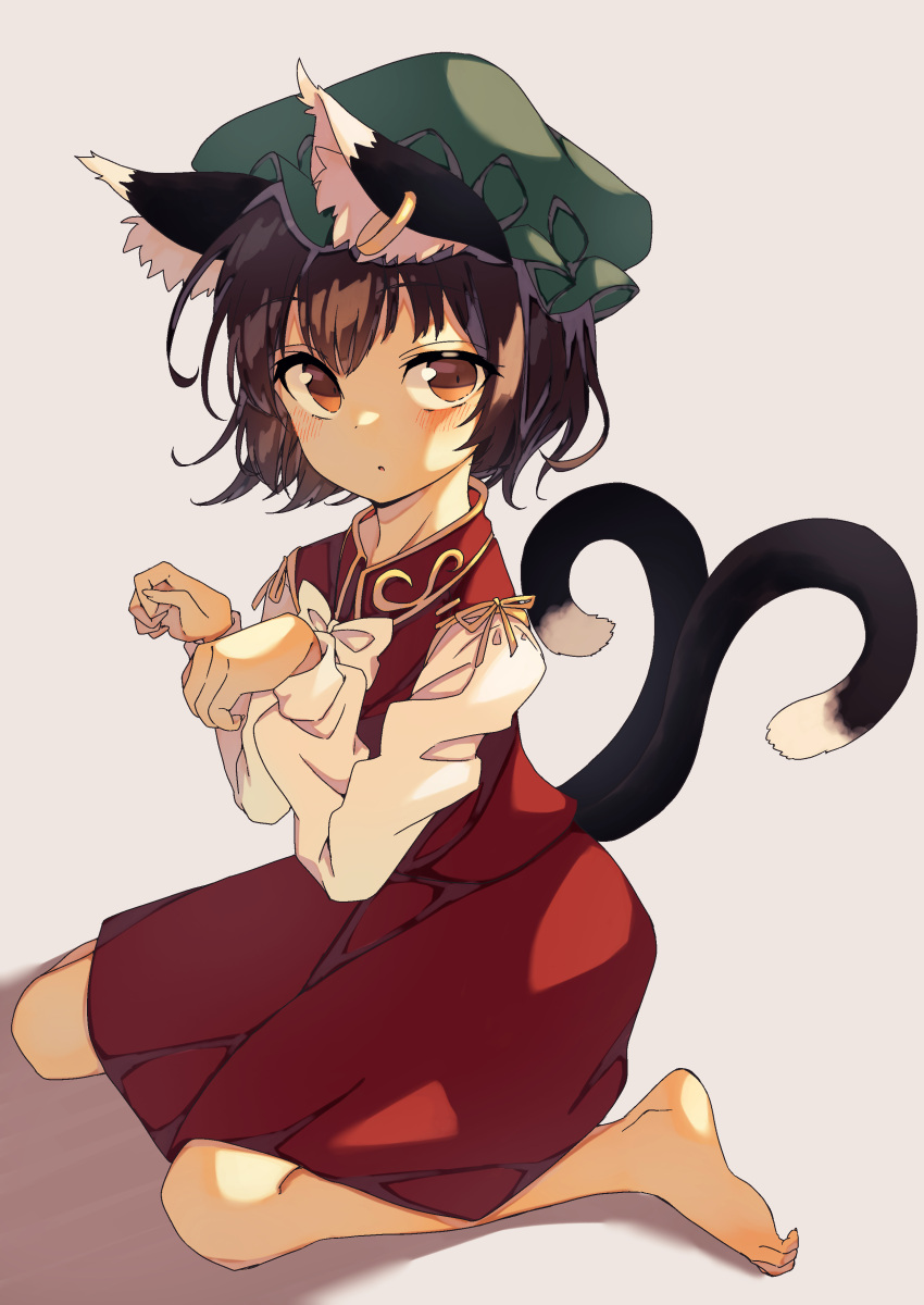 1girl absurdres animal_ear_fluff animal_ears barefoot blush brown_eyes brown_hair cat_ears cat_tail chen dot_nose dot_pupils dress earrings flat_chest green_headwear hat highres jewelry looking_to_the_side mob_cap multiple_tails nekomata on_ground open_mouth paw_pose petite red_dress ribbon seika_okawari shirt short_hair simple_background single_earring solo tail touhou two_tails white_background white_shirt yellow_ribbon