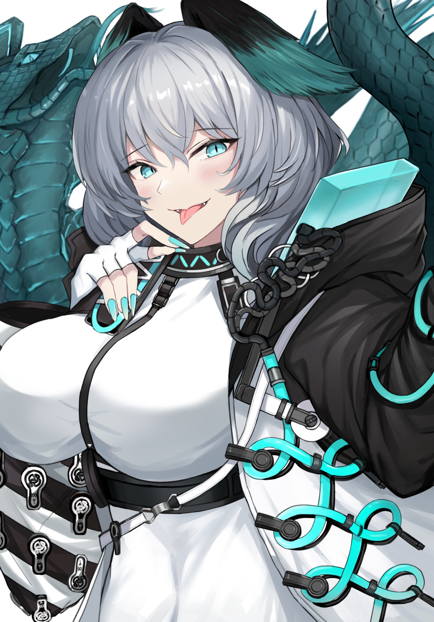 1girl absurdres aqua_eyes aqua_nails aqua_sclera aqua_wings arknights belt between_breasts blush breasts coat colored_sclera dress feathered_wings fingerless_gloves forked_tongue gloves grey_hair head_wings highres ho'olheyak_(arknights) large_breasts long_coat long_sleeves looking_at_viewer namakisama open_clothes open_coat short_hair snake_tail solo strap_between_breasts tail takeout_container tongue tongue_out white_dress white_gloves wings