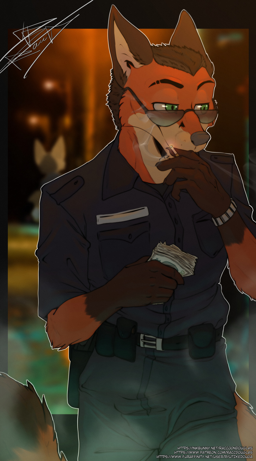 absurd_res anthro brown_hair canid canine cigarette claws clothed clothing countershade_face countershade_fur countershading disney eyewear fingers fox fur green_eyes hair hi_res male mammal money nick_wilde orange_body orange_fur raccoondouglas smoking solo sunglasses tail zootopia