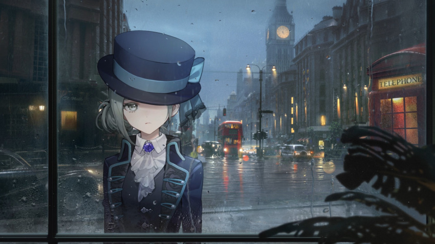 1girl black_vest blue_bow blurry blurry_foreground boater_hat bow building car city_lights closed_mouth collared_shirt condensation double-decker_bus elizabeth_tower european_architecture facing_viewer frown gem grey_hair hair_bun hat hat_bow hat_over_one_eye highres jacket lamppost london looking_at_viewer looking_inside monstera_deliciosa motor_vehicle night official_art one_eye_covered overcast phone_booth plant purple_gemstone purple_headwear purple_jacket rain reverse:1999 road shirt short_hair single_side_bun sky solo street upper_body vertin_(reverse:1999) vest water_drop water_on_glass wet_floor white_jabot white_shirt window