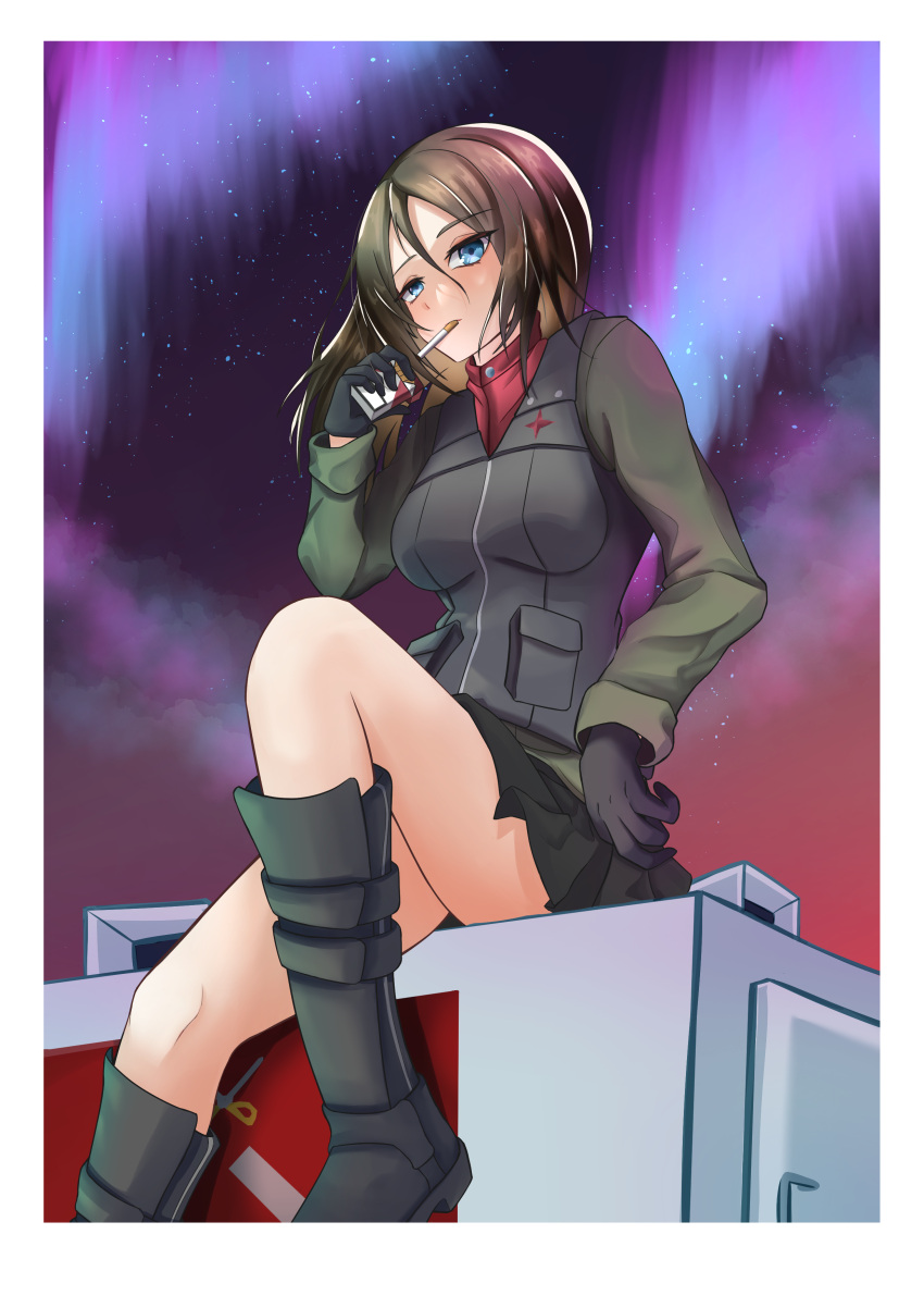 1girl absurdres aurora black_footwear black_gloves black_hair black_skirt black_vest blue_eyes boots cigarette cigarette_pack commentary emblem girls_und_panzer gloves green_jacket half-closed_eyes highres jacket knee_up long_hair long_sleeves looking_at_viewer military military_uniform military_vehicle miniskirt mondsien motor_vehicle mouth_hold night nonna_(girls_und_panzer) on_vehicle outdoors pleated_skirt pravda_(emblem) pravda_military_uniform red_shirt shirt sitting skirt sky smoking solo star_(sky) starry_sky swept_bangs tank turtleneck uniform vest