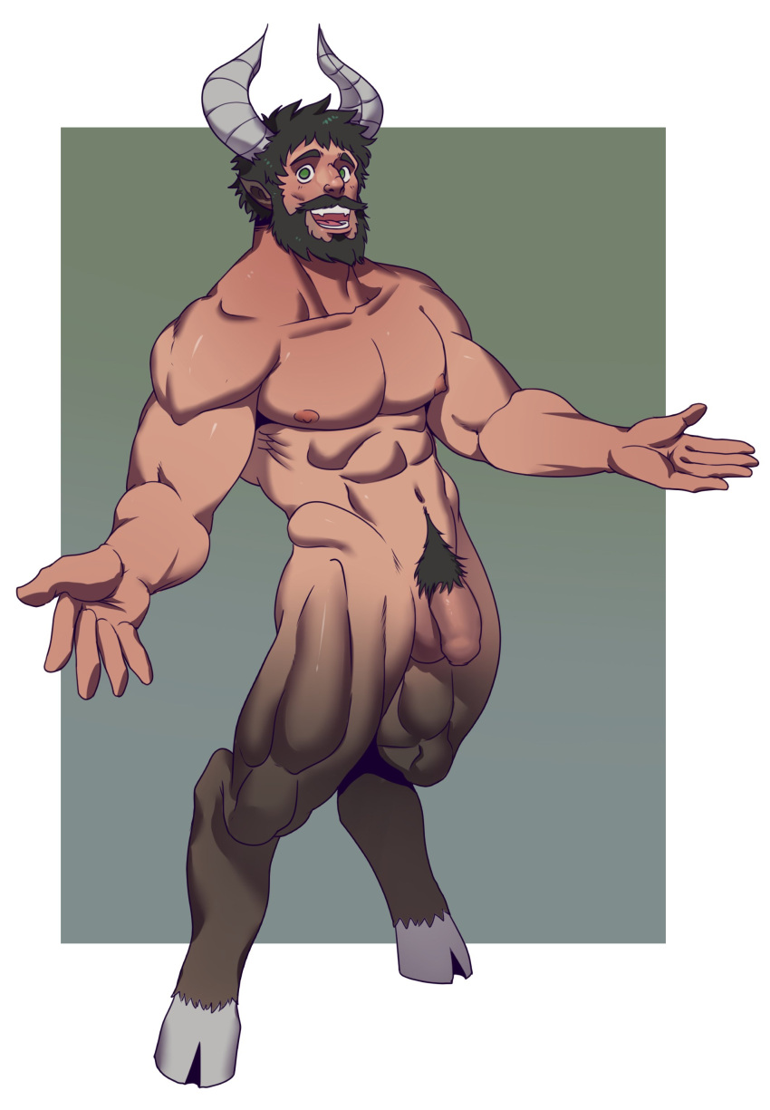 absurd_res beard facial_hair flaccid genitals guppo happy hi_res hooves horn looking_at_viewer male muscular navel nipples pecs penis pubes satyr solo