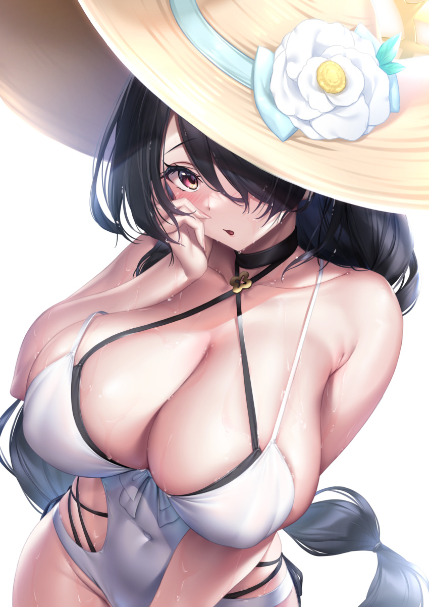 1girl bare_arms bare_shoulders black_hair blue_archive breasts cleavage collarbone covered_navel from_above hair_over_one_eye halterneck hat highres hinata_(blue_archive) hinata_(swimsuit)_(blue_archive) ken_ill large_breasts long_hair looking_at_viewer one-piece_swimsuit one_eye_covered open_mouth red_eyes solo swimsuit wet white_background white_one-piece_swimsuit yellow_headwear