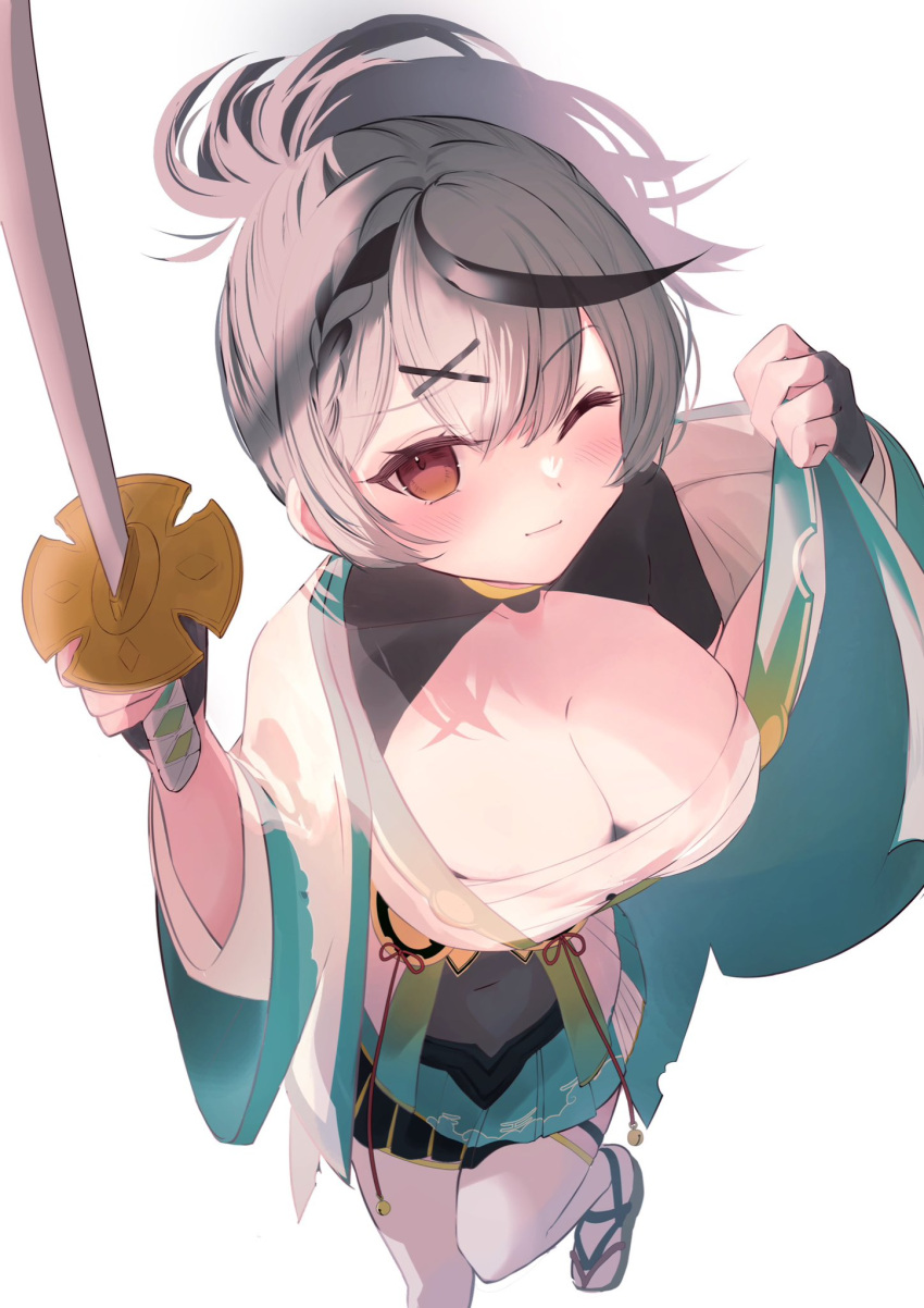 1girl black_hair breasts cleavage cross-laced_sandals fingerless_gloves from_above gloves grey_hair hair_ornament highres holding holding_sword holding_weapon hololive japanese_clothes kazama_iroha large_breasts leg_up looking_at_viewer medium_hair mimiquilike multicolored_hair ponytail red_eyes sakamata_chloe solo streaked_hair sword virtual_youtuber weapon white_background wide_sleeves x_hair_ornament