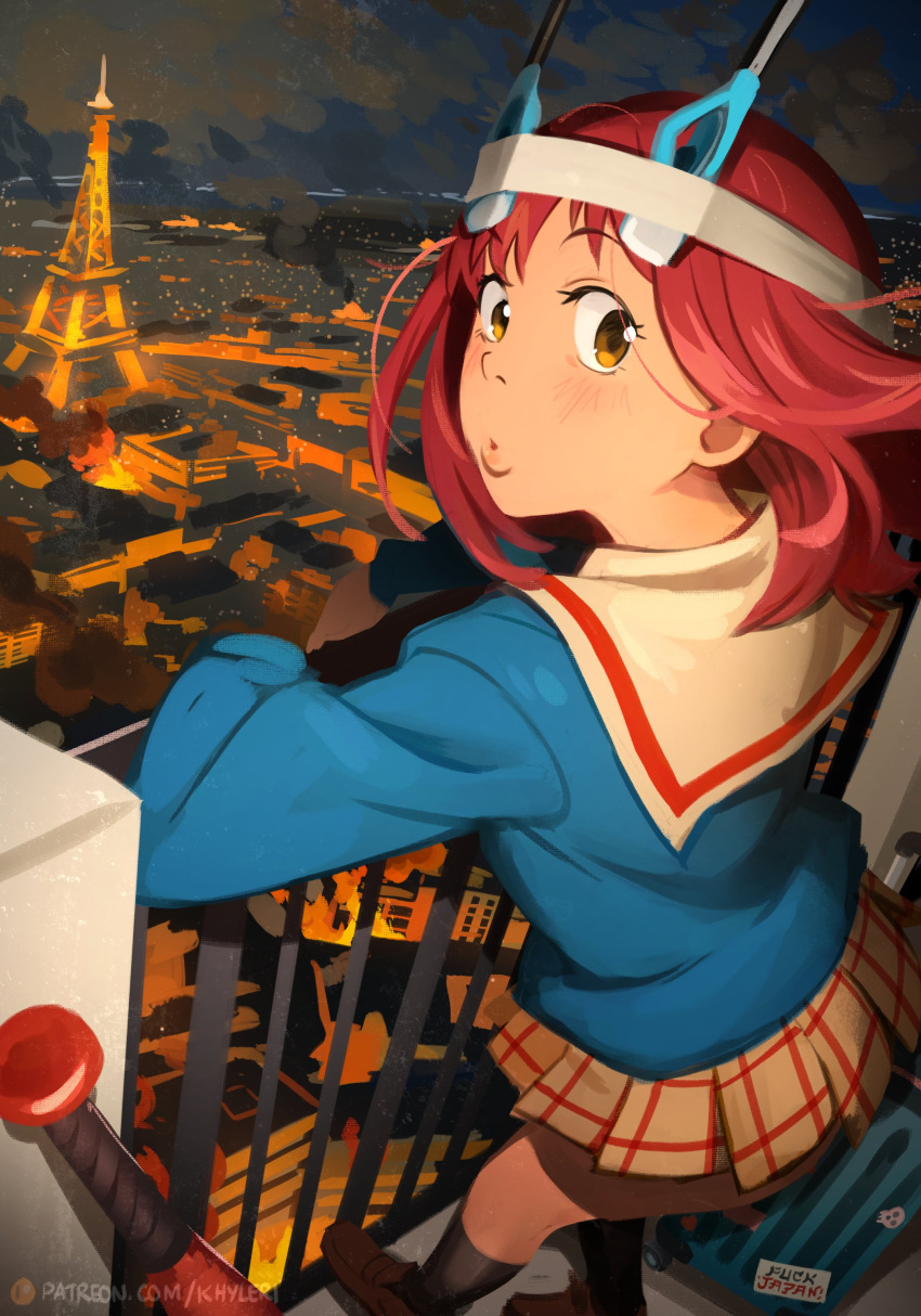 1girl absurdres against_railing arm_rest arson artist_name balcony baseball_bat black_socks blue_serafuku blue_shirt blush brown_eyes brown_footwear brown_skirt building burning_building cityscape cloud cloudy_sky commentary eiffel_tower english_commentary explosion fire flcl floating_hair foreshortening from_above from_behind from_side hair_strand headband highres khyle. kneehighs light_blush lighter lips loafers long_sleeves looking_at_viewer looking_back medium_hair miniskirt night night_sky outdoors paris patreon_username plaid plaid_skirt pleated_skirt railing red_hair rolling_suitcase sailor_collar samejima_mamimi school_uniform serafuku shirt shoes short_hair skirt sky smoke socks solo standing sticker stove_lighter suitcase ushi_no_koku_mairi web_address white_headband white_sailor_collar wind