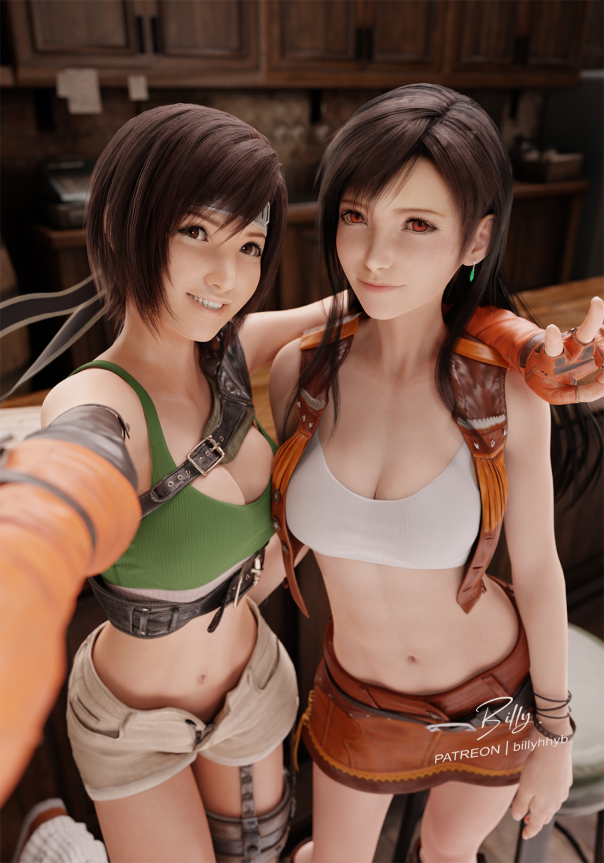 2girls 3d aged_down arm_around_neck arm_around_waist arm_at_side artist_name bar_(place) bar_stool bare_shoulders belt belt_buckle billyhhyb black_belt black_bracelet black_hair blurry blurry_background blurry_foreground boots bra bracelet breasts brown_eyes brown_shorts brown_vest buckle cabinet cash_register cleavage closed_mouth collarbone commentary cropped_vest dark_skin depth_of_field earrings elbow_gloves english_commentary final_fantasy final_fantasy_vii final_fantasy_vii_remake fingerless_gloves foot_up forehead_protector frilled_vest frills from_above gloves green_bra grin harness headband highres indoors jewelry lips long_hair looking_at_viewer looking_up loose_socks medium_breasts midriff_peek miniskirt multiple_bracelets multiple_girls navel nibelheim official_alternate_costume open_clothes open_fly open_vest orange_gloves parted_lips patreon_username reaching reaching_towards_viewer red_eyes red_footwear selfie short_hair short_shorts shorts side-by-side signature skirt sleeveless smile socks sports_bra standing standing_on_one_leg stool swept_bangs tifa_lockhart underwear v vest white_socks white_sports_bra yuffie_kisaragi