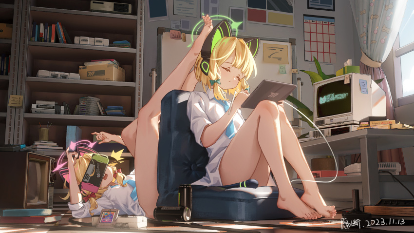 2girls animal_ear_headphones animal_ears barefoot blonde_hair blue_archive blue_necktie bookshelf bow can cat_ear_headphones closed_eyes curtains day energy_drink fake_animal_ears game_boy game_console geduan green_bow hair_bow halo handheld_game_console headphones highres indoors lying midori_(blue_archive) momoi_(blue_archive) monster_energy multiple_girls necktie nes no_pants on_back open_mouth playstation_1 red_bow shirt siblings sisters sitting soda_can stylus super_famicom tablet_pc television toes twins white_shirt whiteboard
