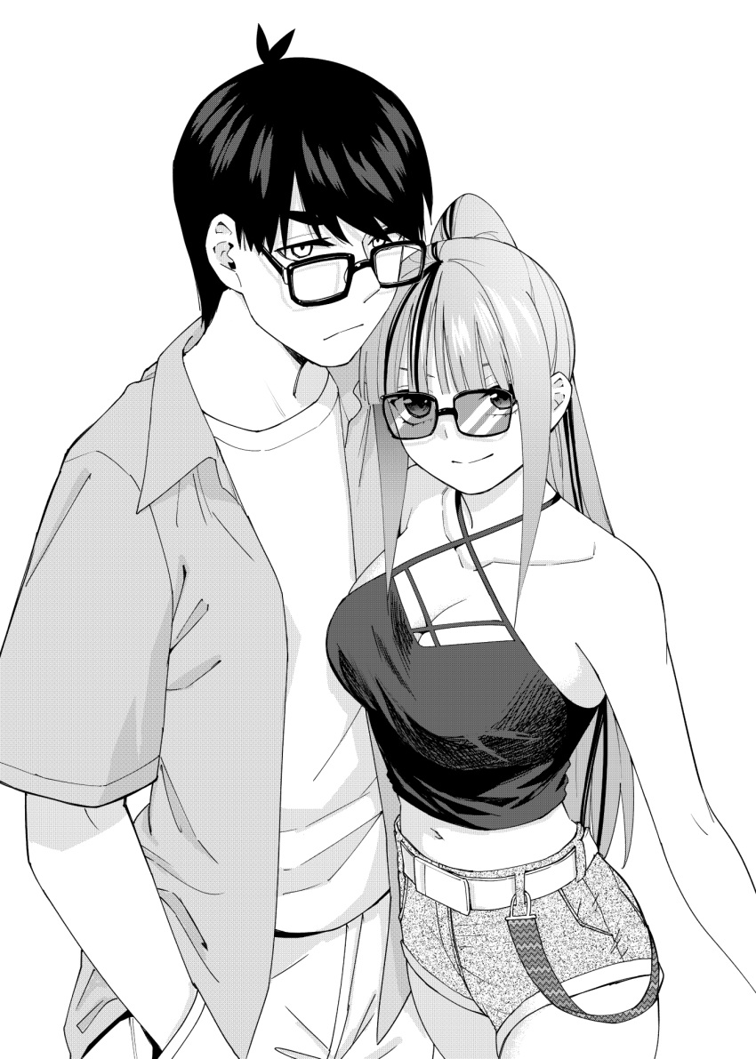 &gt;:) 1boy 1girl :/ alternate_costume alternate_hairstyle antenna_hair bare_shoulders belt black-framed_eyewear black_hair black_shirt blunt_bangs breasts casual cleavage closed_mouth clothed_male_nude_female collarbone commentary couple cowboy_shot criss-cross_halter curvy english_commentary eyebrows_hidden_by_hair eyelashes frown glasses go-toubun_no_hanayome halterneck hand_in_pocket happy_birthday hetero highres hug kosmos_beta large_breasts long_hair looking_at_viewer monochrome nakano_nino navel nude open_clothes open_shirt shirt short_hair shorts simple_background sleeveless sleeveless_shirt standing straight_hair sunglasses swept_bangs uesugi_fuutarou upturned_eyes v-shaped_eyebrows very_long_hair white_background