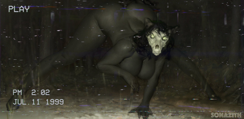 anthro black_body black_fur black_hair breasts canid canine canis female fur hair hi_res looking_at_viewer mammal nude recording scp-1471-a scp_foundation solo sonazith wolf