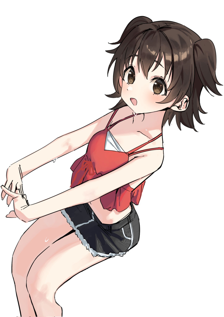 1girl :d akagi_miria bare_shoulders black_eyes black_hair black_skirt camisole collarbone commentary cropped_legs frilled_camisole frills from_above highres idolmaster idolmaster_cinderella_girls idolmaster_cinderella_girls_u149 interlocked_fingers invisible_chair looking_at_viewer midriff navel open_mouth red_camisole short_hair simple_background sitting skirt smile spaghetti_strap stretching sweat syhan two_side_up white_background