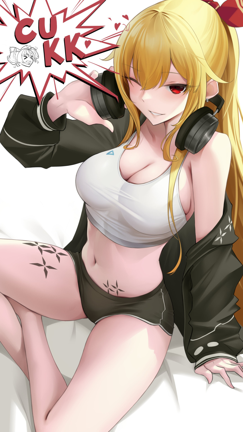2girls absurdres black_buruma black_jacket blonde_hair bow breasts buruma cleavage crop_top earrings grin hair_bow headphones headphones_around_neck highres hololive hololive_indonesia jacket jewelry kaela_kovalskia kureiji_ollie large_breasts leg_tattoo long_hair midriff multiple_girls navel off_shoulder one_eye_closed parted_lips ponytail red_eyes sitting smile solo_focus somebody_(leiking00) stomach stomach_tattoo tank_top tattoo thighs very_long_hair white_tank_top