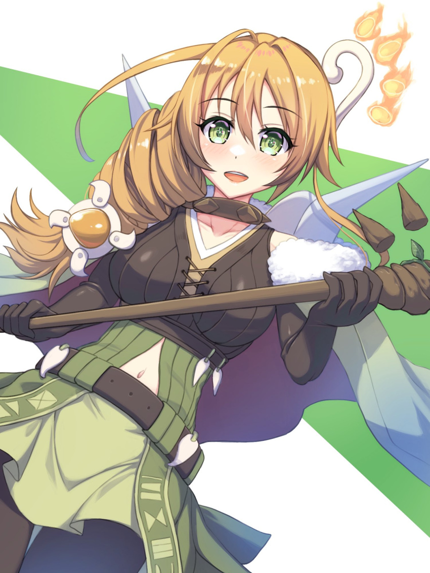 1girl black_gloves black_pantyhose blonde_hair breasts capelet choker dress duel_monster elbow_gloves fur-trimmed_capelet fur_trim gloves green_eyes hair_ornament highres holding holding_staff long_hair navel open_mouth pantyhose ritual_beast_tamer_lara smile solo staff takkayuuki thighhighs yu-gi-oh!