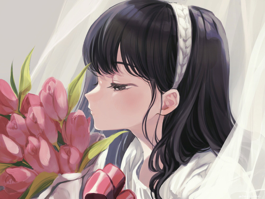 1girl amezawa_koma black_eyes black_hair bouquet close-up commentary curtains expressionless flower hairband half-closed_eyes highres long_hair original pink_flower pink_tulip profile shirt solo symbol-only_commentary tulip white_shirt