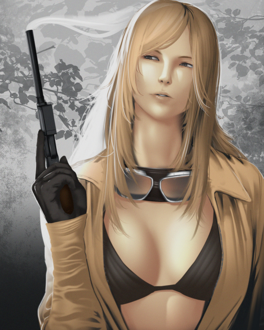 1girl absurdres adun_madun bikini black_bikini black_gloves blonde_hair blue_eyes bra breasts cleavage commentary eva_(metal_gear) gloves goggles goggles_around_neck gun highres holding holding_gun holding_weapon jumpsuit large_breasts long_hair long_sleeves looking_to_the_side mature_female metal_gear_(series) metal_gear_solid metal_gear_solid_3:_snake_eater open_clothes open_jumpsuit parted_lips smoke smoking_gun solo swimsuit underwear weapon