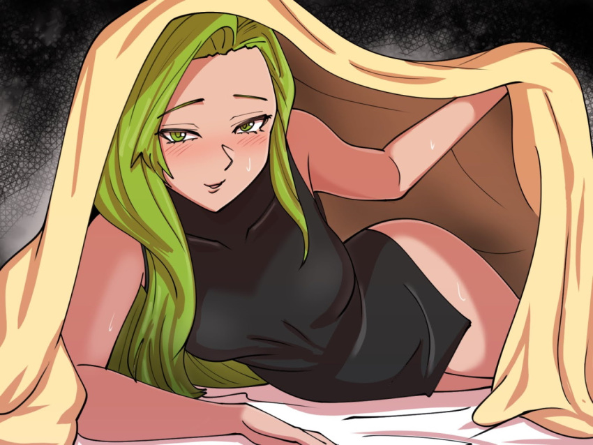 1girl annand_(fire_emblem) bare_arms bare_shoulders bed_sheet black_dress blanket blush covered_collarbone dress english_commentary fire_emblem fire_emblem:_genealogy_of_the_holy_war green_eyes green_pupils light_green_hair long_hair looking_at_viewer mnejing30 open_mouth short_dress side_slit single_hair_intake sleeveless sleeveless_dress smile solo sweat under_covers