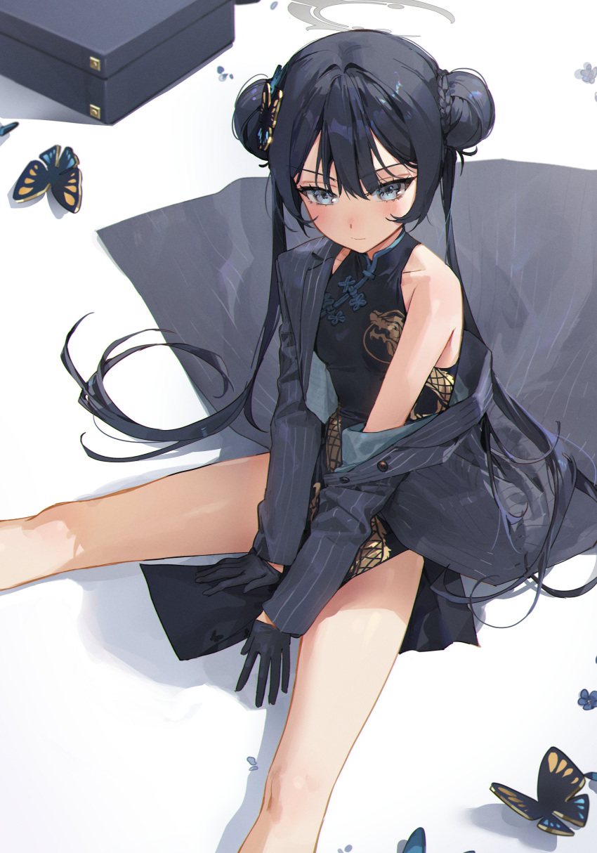 1girl absurdres arms_between_legs bare_legs bare_shoulders black_dress black_gloves black_hair blue_archive braid bug butterfly butterfly_hair_ornament china_dress chinese_clothes coat cropped_legs double-parted_bangs double_bun dragon_print dress gloves grey_coat grey_eyes hair_between_eyes hair_bun hair_ornament half_gloves halo highres kisaki_(blue_archive) long_hair off_shoulder pelvic_curtain shadow sidelocks sitting spread_legs suitcase twin_braids twintails waist_cape white_background ye_jji