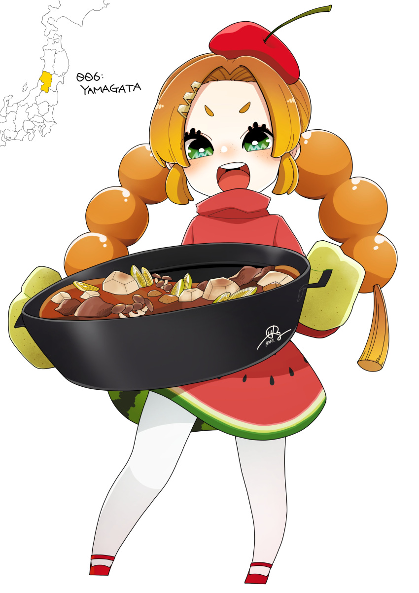 1girl :d absurdres beret braid bright_pupils food food_print green_eyes hat highres holding_cooking_pot japan long_hair mushroom nobel_(nobel827) orange_hair original oven_mitts personification smile solo twin_braids watermelon_print white_background white_pupils yamagata_prefecture