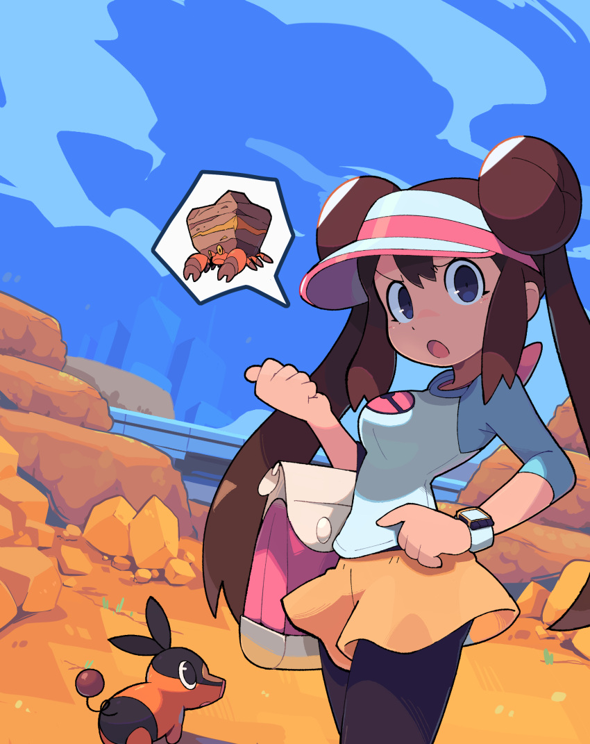 1girl :o absurdres bacun bag black_pantyhose blue_eyes bow brown_hair cloud crustle day double_bun doughnut_hair_bun hair_bun highres looking_at_viewer open_mouth outdoors pantyhose pantyhose_under_shorts pink_bow pokemon pokemon_(creature) pokemon_(game) pokemon_bw2 raglan_sleeves rock rosa_(pokemon) short_shorts shorts sky spoken_character standing tepig twintails visor_cap yellow_shorts