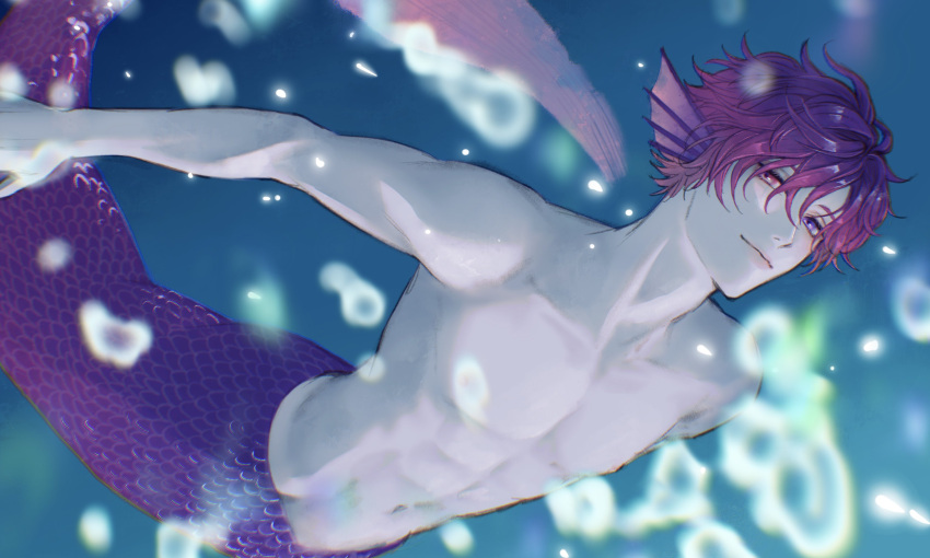 1boy absurdres air_bubble blurry blurry_foreground bubble closed_mouth collarbone commentary english_commentary eyelashes fins gradient_hair gyoza_(gyozadaisuki_23) hair_between_eyes head_fins heterochromia highres looking_at_viewer male_focus merman monster_boy monsterification multicolored_hair navel nijisanji nijisanji_en parted_bangs pink_eyes pink_hair purple_eyes purple_hair purple_scales scales short_hair sidelocks smile solo stomach topless_male uki_violeta underwater virtual_youtuber water