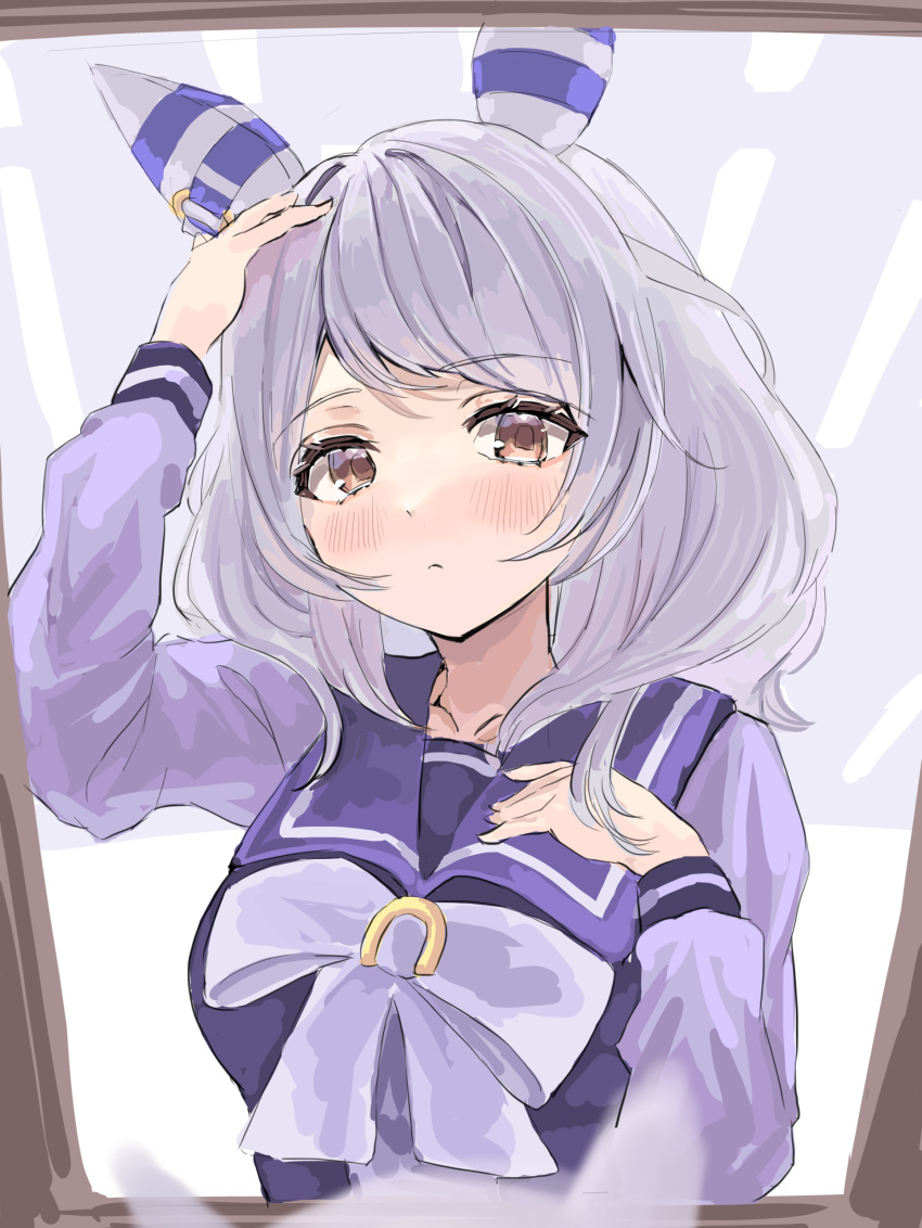 1girl absurdres animal_ears blush bow brown_eyes closed_mouth commentary_request ear_covers ear_ornament grey_hair highres hishi_miracle_(umamusume) horse_ears horse_girl long_sleeves looking_at_viewer medium_hair mirror purple_shirt reflection sailor_collar school_uniform shirt solo tracen_school_uniform tsurubami_(gaad5227) umamusume upper_body white_bow winter_uniform