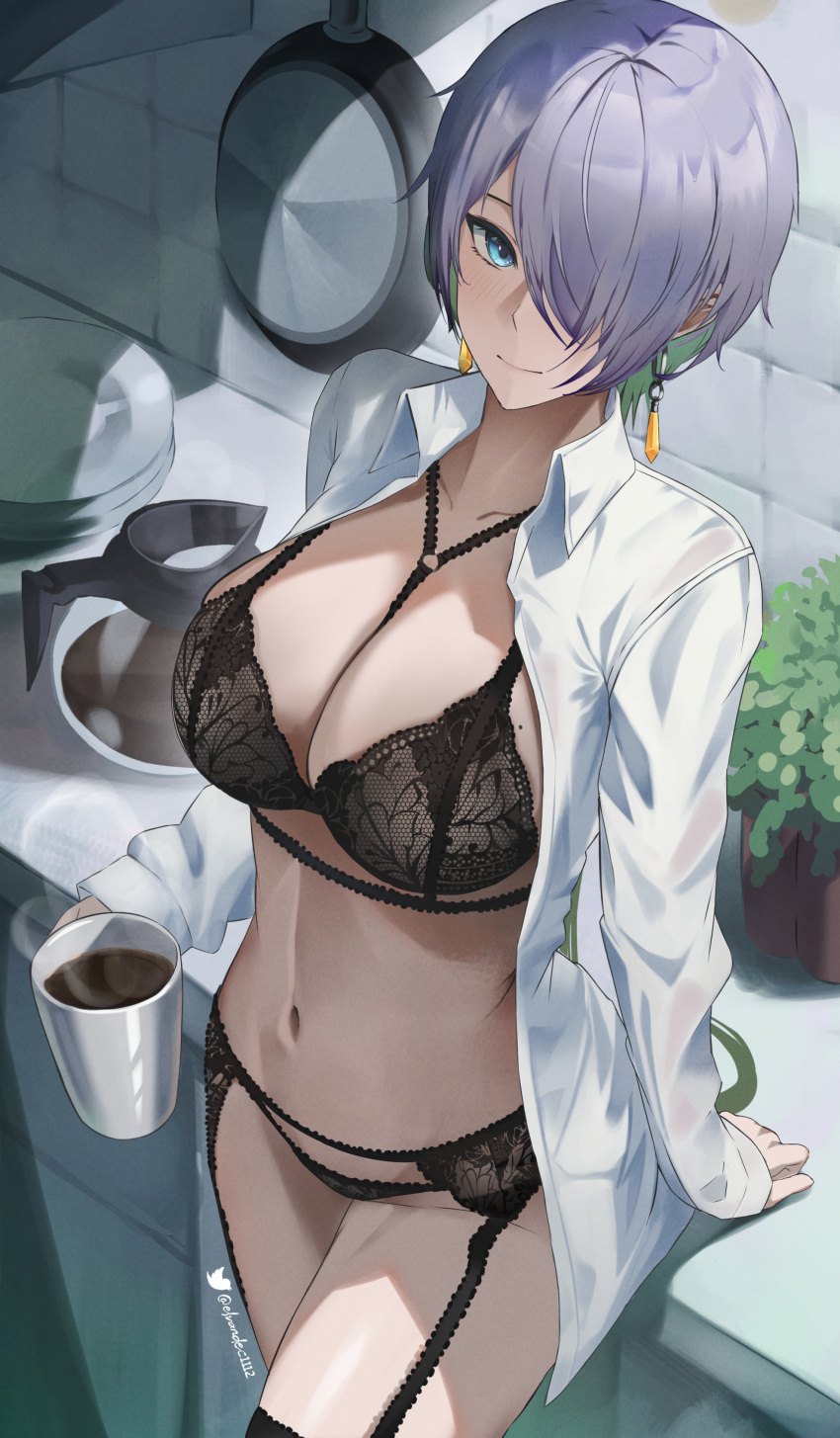 1girl absurdres black_bra black_garter_belt black_panties black_thighhighs bra breasts brid_(nikke) closed_mouth coffee_cup coffee_pot commission counter cup disposable_cup earrings elvandec english_commentary frying_pan garter_belt goddess_of_victory:_nikke grey_hair hair_over_one_eye highres holding holding_cup jewelry kitchen large_breasts mole mole_on_breast navel open_clothes open_shirt panties plant plate potted_plant shirt short_hair solo steam stomach thighhighs tile_wall tiles underwear white_shirt